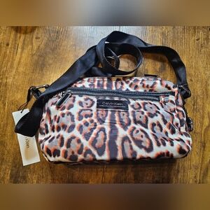 Calvin Klein Sussex Nylon Womens Crossbody Bag Leopard Print Black Accents NWT